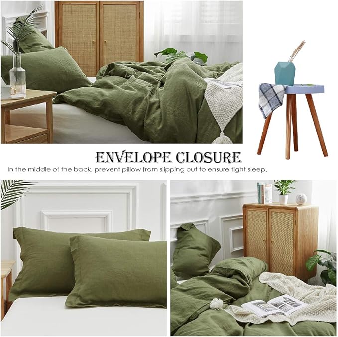 Simple&Opulence 100% Linen Duvet Cover Set 3pcs Basic Style Natural French Washed Flax Solid Color Soft Breathable Farmhouse Bedding with Button Closure - Olive Green, Queen