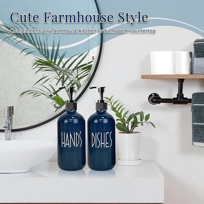 Dish Soap Dispenser for Kitchen - 16 OZ Glass Hand Soap Dispenser Set - Kitchen Bathroom Decor and Accessories (Navy Blue)