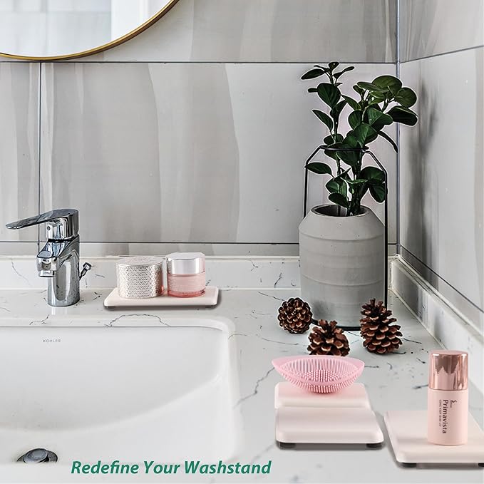 NiuYichee 2 Pcs Water Absorbing Stone Trays, Kitchen/Bathroom Sink Soap Dish, Diatomite Tray Used for Hand Soap & Cosmetic Bottles in The Modern Home, 3.15" W x 6.3" L, White