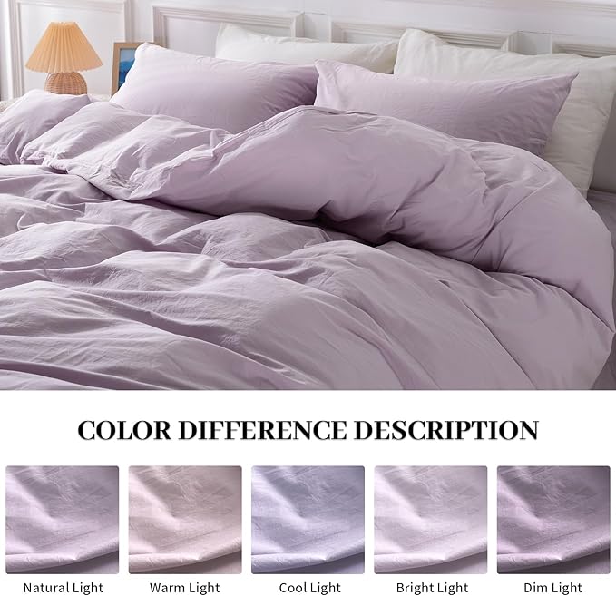 NEXHOME PRO Duvet Cover Set 100% Washed Cotton California Kingn 104"x98", Organic Natural Linen Look Textured 3 Pieces Bedding Set Lavender Lilac with Zipper Closure, Breathable Soft(No Comforter)