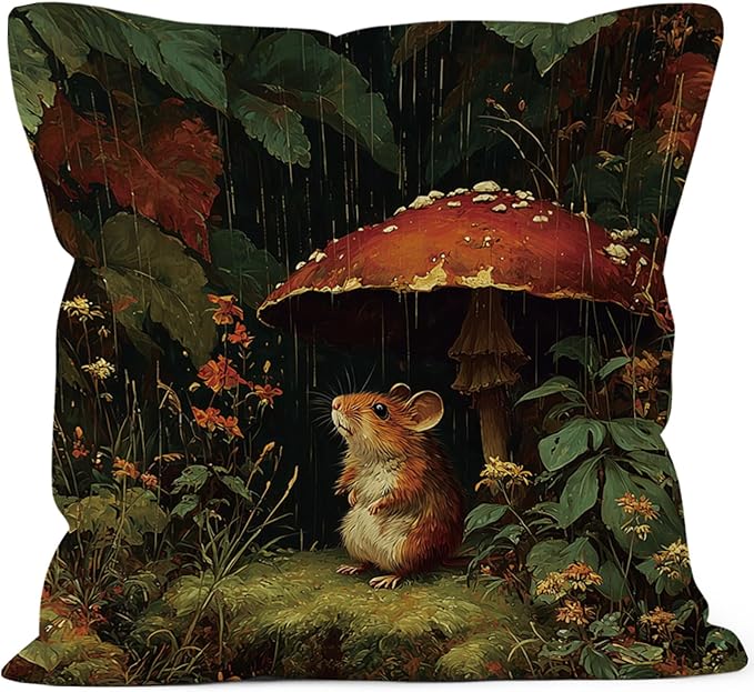 Rat Mouse Mushroom Throw Pillow Cover Gifts 18x18, Dark Academia Cottagecore Decor Pillow Cases for Bedroom Living Room, Vintage Moody Forest Decorative Square Pillowcases for Couch Bed Sofa