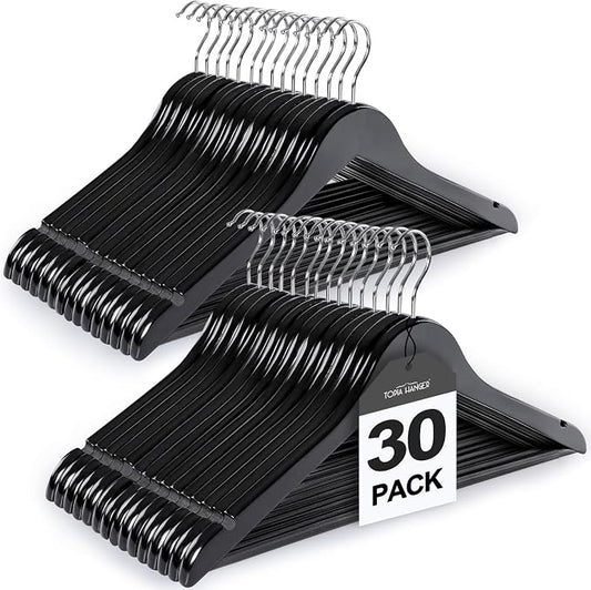 TOPIA HANGER Wooden Coat Hangers 30 Pack, Black Wood Suit Hangers with Non Slip Pants Bar, 360° Swivel Hook and Shoulder Notches for Camisole, Jacket, Pants, Smooth Finish Clothes Hangers -CT34B30