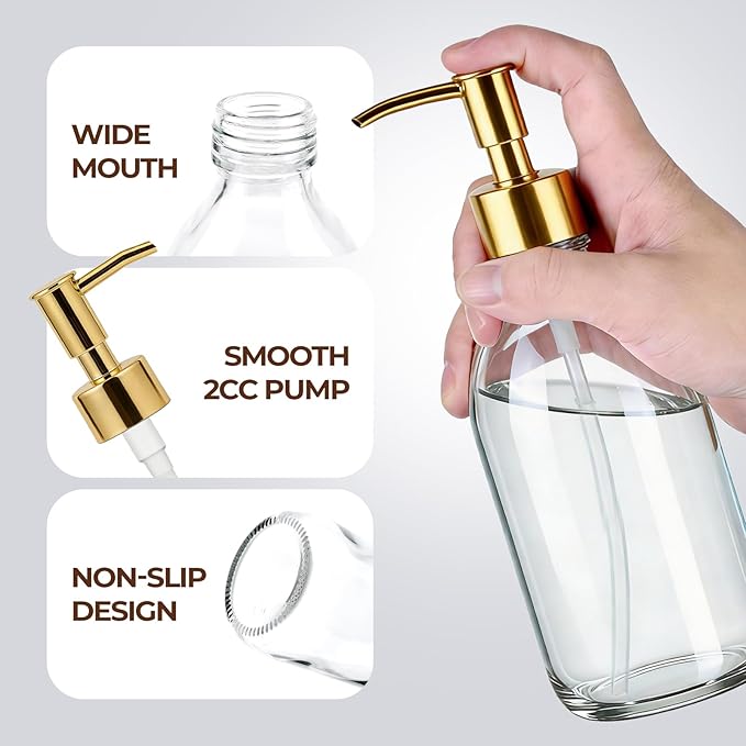 8 oz Clear Glass Pump Bottle, 250ml Small Lotion Dispenser Bottle for Body Massage Oil, Refillable Empty Hand and Dish Soap Dispensers Set with Plastic Golden Pump, Labels - 2 Pack