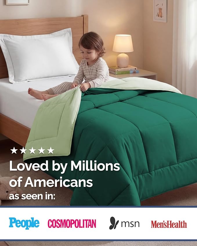 Twin Size, Emerald/Light Sage Green Alternative Down Comforter - Warm & Breathable Hotel Quality Bedding for Men, Women, Kids & Teens - All Season Oversized Cooling Microfiber Duvet Insert Comforter
