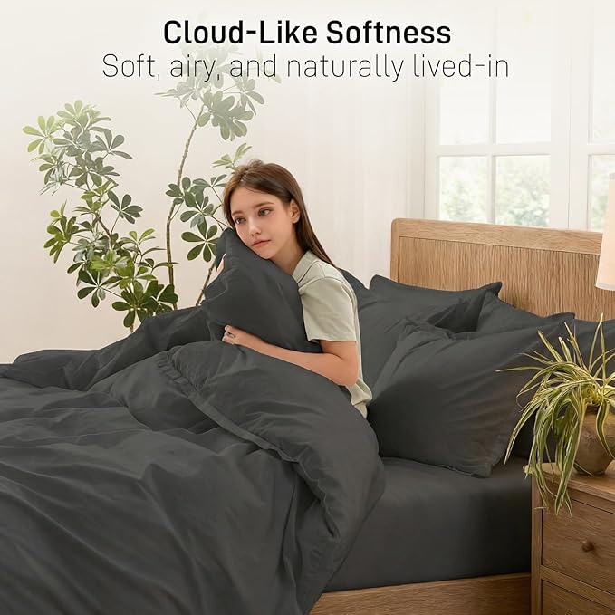 Duvet Cover Set King Size, 100% Washed Cotton, Light Weight Breathable Comforter Cover Linen Feel, 3PCs Breathable Bedding Set for All Season, Grey 104"x90"