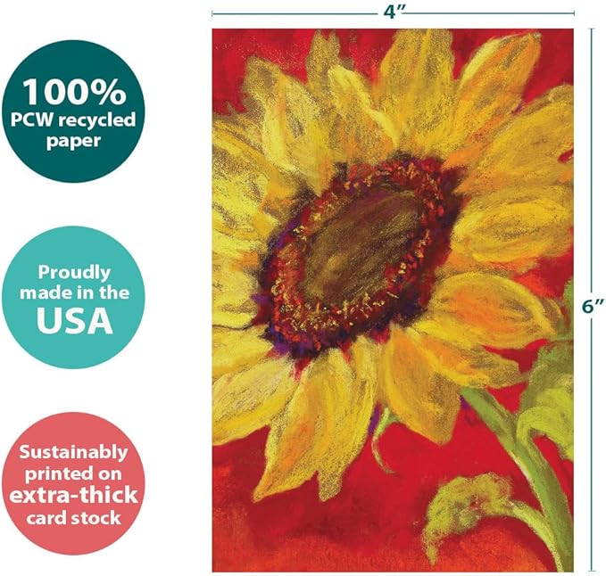 Tree-Free Greetings Sunflower Prima Donna All Occasion Cards - 12 Recycled 4x6 Cards & White Envelopes, Thick Cardstock, Made in USA - Intricate Floral Painting