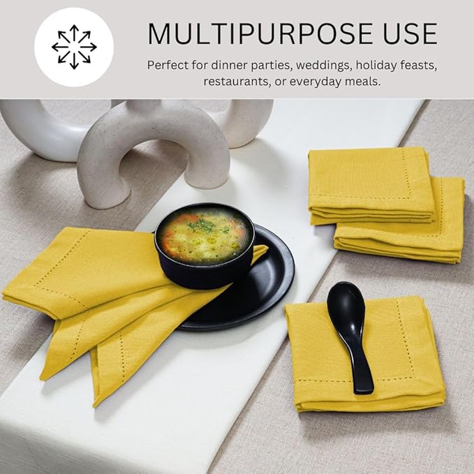 Hemstitch Cloth Dinner Napkins 100% Cotton Set of 6 - for Dining Special Occasions Weddings Parties Holidays Easter - Soft Durable Reusable - Elegant 18x18 Inch Table Cloth Napkins Yellow