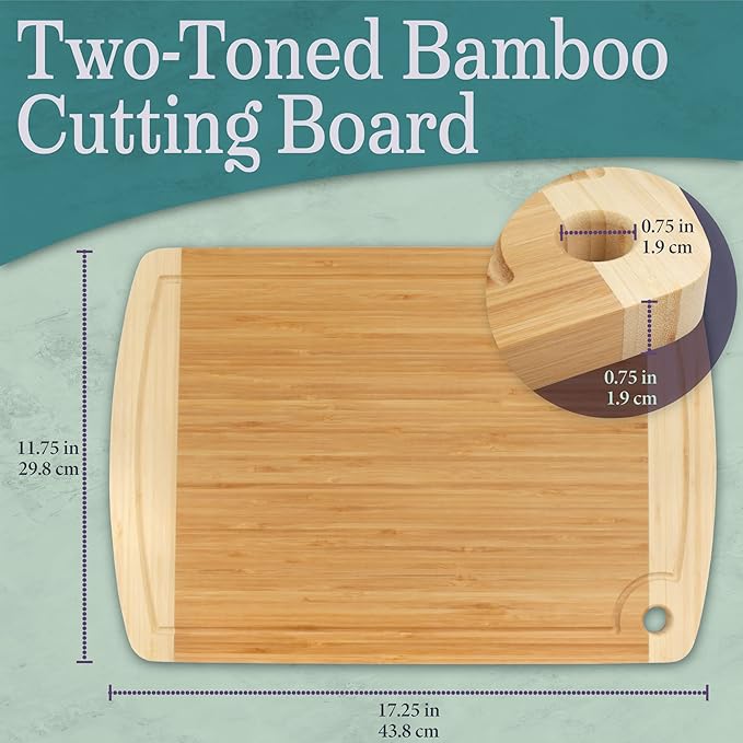 BambooMN Heavy Duty Premium Bamboo Two-Toned Cutting Board w/Hanging Hole - 17.25" x 11.75" x 0.75" - Grooved/Flat - 1 Piece