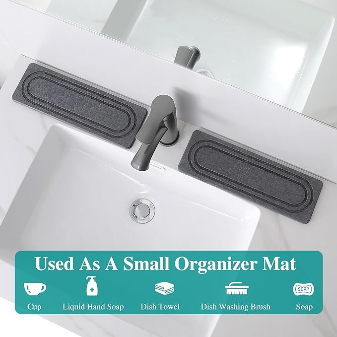 2PCS Water Absorbing Stone Tray for Sink, Quick Drying Diatomite Bathroom Tray Countertop, Stone Drying Mat for Kitchen Counter Faucet, Soap Dish Dispenser Vanity Organizer, Dark Gray-11.8" x 4"
