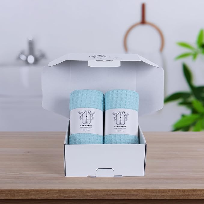 PÜSKÜL Pack of 2 Waffle Bath & Spa Towels - Premium 100% Turkish Organic Cotton - Quick Dry Thin Bath Towel for Bathroom - Made in Turkey (Turquoise, 32x63 inch)