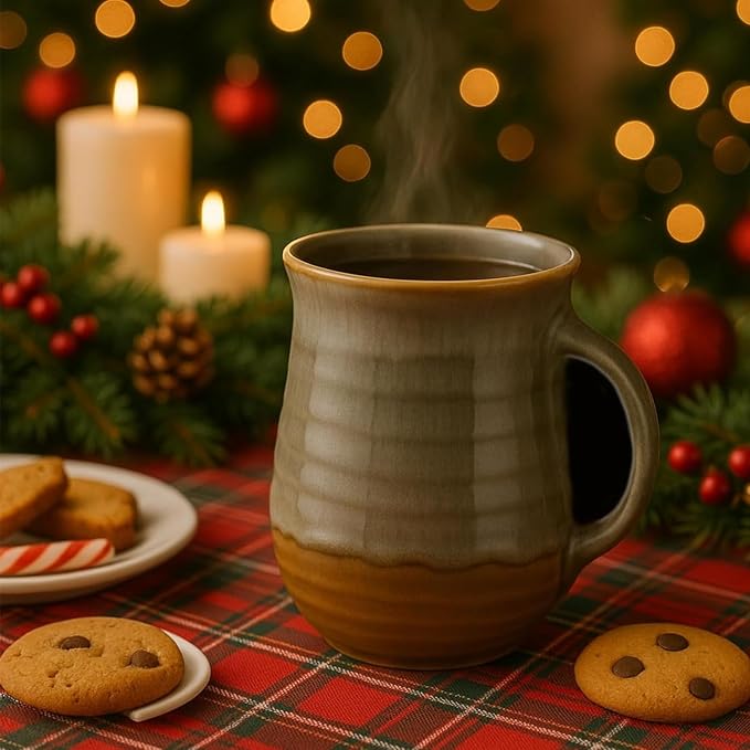 Hand Warmer Mug, Ceramic Pottery and Hand Painted & Colored - Contoured Pocket, Hold Warmth From The Heat Of Your Drink - Keep Your Fingers Warm, Comfy Handwarmer Gift, Winter Gifts - Right Handed