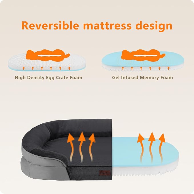 Dwanton Orthopedic Dog Bed for Extra Extra Large Dogs with Gel Memory Foam, Waterproof Dog Sofa, Washable Pet Bed with Four Sided Bolster Cushion, Removable Cover & Non-Slip Bottom, 48", Dark Grey