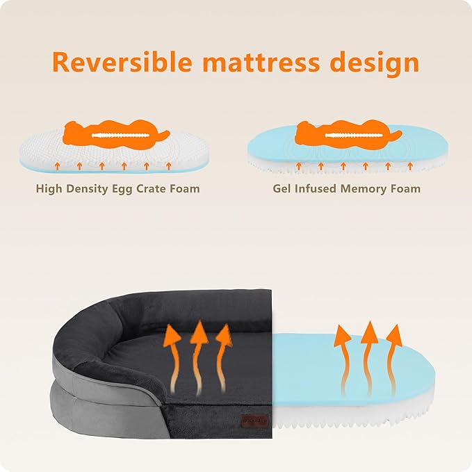 Dwanton Orthopedic Dog Bed for Extra Extra Large Dogs with Gel Memory Foam, Waterproof Dog Sofa, Washable Pet Bed with Four Sided Bolster Cushion, Removable Cover & Non-Slip Bottom, 53", Dark Grey