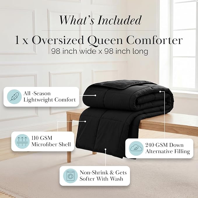 Southshore Fine Living, Inc. Black Comforter Queen / Full Size Down Alternative Duvet Insert, Full / Queen Comforter for Vacation Homes, Soft and Cozy Bedding, Machine Washable, Black Comforters