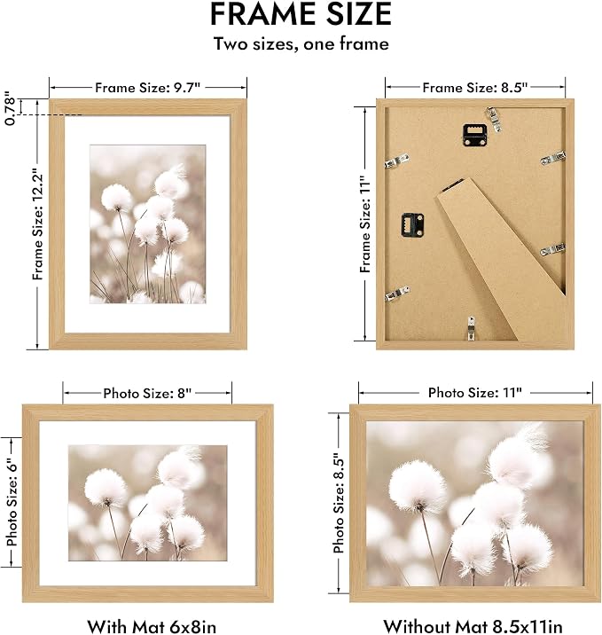 Hongkee 8.5x11 Oak Wood Picture Frame 1 Pack(Matted 6x8), Real Glass Cover | Natural, 8.5 x 11 Solid Wood Frame for Wall or Tabletop Display - Includes Easel Back, Vertical Hang - Ideal for Home,Office