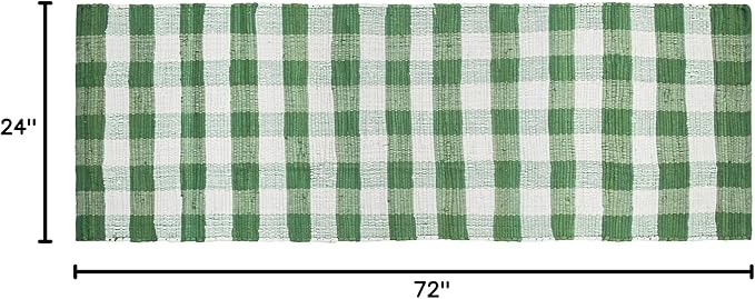 GLAMBURG Cotton Reversible Area Runner Rug 2' x 6' for Bedroom Living Room Kitchen Hallways Front Porch Laundry Room, Handwoven Farmhouse Floor Mat, Washable Checkered Plaid Runner Rug Green White