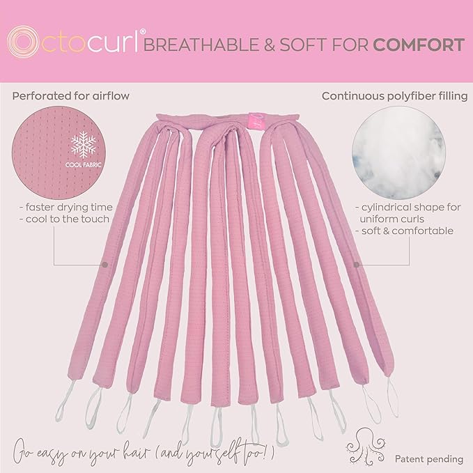 Octocurl No Headband Heatless Hair Curler – Soft Octopus Curling Wrap for Overnight Curls, Spiral, Loose, Beach Waves, Damage-Free Styling for Long Hair (QMax - Mauve)