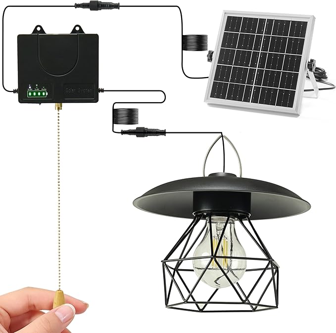 HULPPRE 3000lm Solar Shed Light Indoor Outdoor with Pull String, Daytime or Night,Dusk to Dawn,Classic Design with Metal Made,IP65 Waterproof,3 Modes,for Barn,Chicken Coop,Patio,Garden,Yard,Gazebo