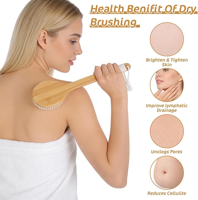 6PCS Dry Brushing Body Brush Set, Long Handle Dry Brush for Lymphatic Drainage Cellulite Treatment, Wooden Bristle Face Scrub Brush with Pumice Stone, Bath Brushing Exfoliating Back Brushes