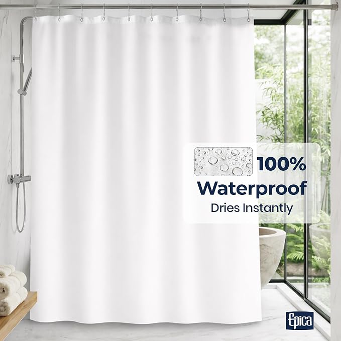 Epica Shower Curtain – Strongest Heavy-Duty Clear Vinyl 72x72 Shower Curtain Liner – Stain & Soap Scum Resistant with Rust-Proof Metal Grommets (White)