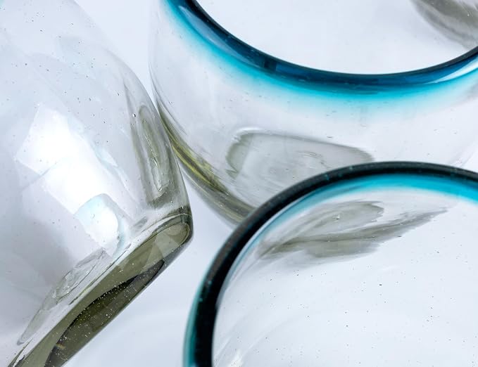 9 oz Hand Blown Mexican Drinking Glasses - Set of 6, 9 fl oz each, Aqua Rim