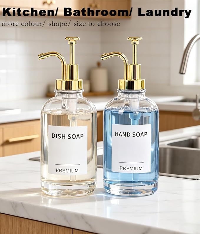 Dish Soap Dispenser for Kitchen, Hand Glass Soap Dispenser Set with Pump, Tray, Funnel for Bathroom, Shower, Laundry, Liquid, Lotion (Gold 2 Pack 18 Oz Clear Bottles with 12 Stickers)