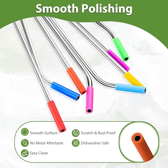 Lazycorner 16 Pcs Metal Straw Reusable 8.5" 10.5" 6mm Stainless Steel Straws for Tumblers 20oz-32oz, Silver Drinking Straws with Silicone Tips, 4 Straw Cleaner Brush, 1 Travel Case