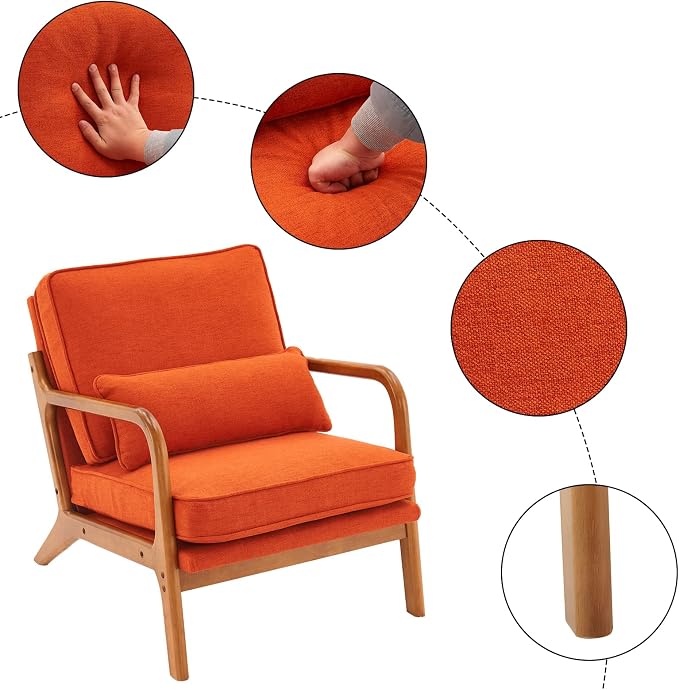 Karl home Mid-Century Modern Accent Reading Chair, Burnt Orange | Linen Upholstered, Solid Wood Frame, Soft Cushion, Lumbar Pillow, Lounge Armchair for Living Room, Bedroom, Balcony, Study