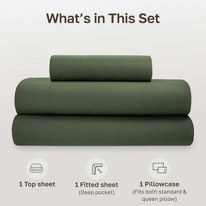 California Design Den Soft 100% Cotton Percale Sheets Twin Size Bed Set with Deep Pockets - Crisp, Breathable and Durable Cotton Bedding Set - Olive Green