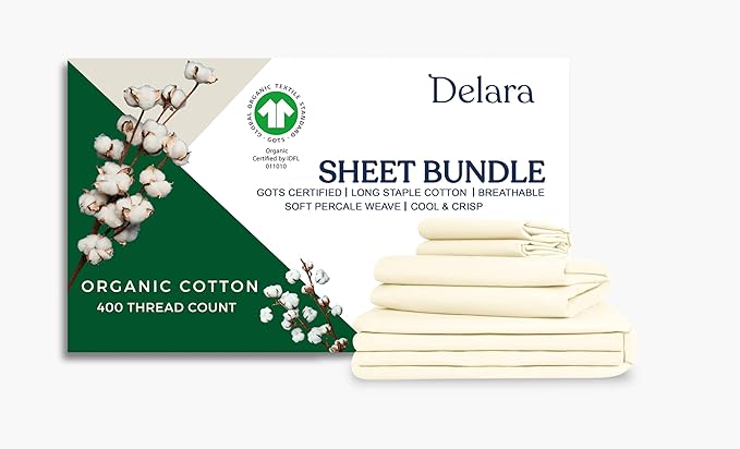 GOTS Certified 100% Organic Cotton Percale 400TC Bedding Bundle, Ultra Soft Silky, Moisture-Wicking, Smooth & Breathable, (Ivory, Twin - 5 Piece with Sheet Set)