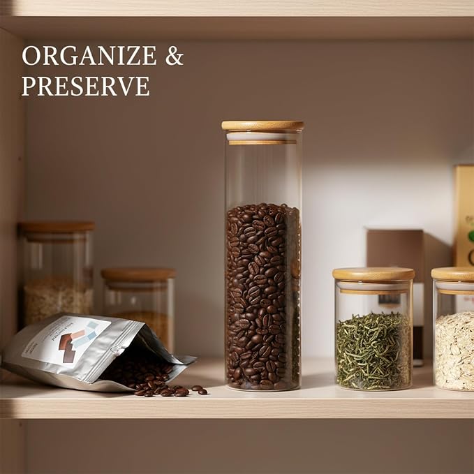 Borosilicate Glass Storage Jars with Bamboo Lids, Clear Kitchen Canisters for Pantry Organization of Dry Goods, Coffee, Tea, and Grains