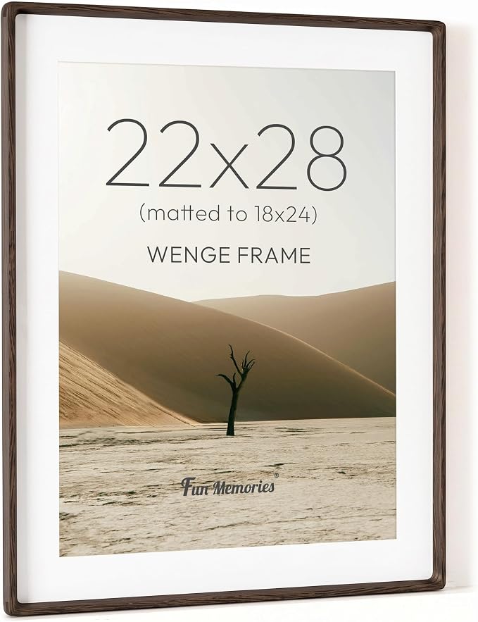 Fun Memories 22x28 Poster Frame, Natural Wenge Wood Picture Frame with HD Tempered Glass, Handcrafted Rounded Corner 22 x 28 Wooden Frames Matted to 18x24 Photos, Horizontal or Vertical Wall Display