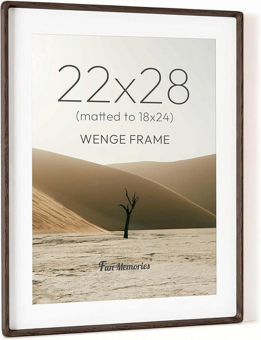 Fun Memories 22x28 Poster Frame, Natural Wenge Wood Picture Frame with HD Tempered Glass, Handcrafted Rounded Corner 22 x 28 Wooden Frames Matted to 18x24 Photos, Horizontal or Vertical Wall Display