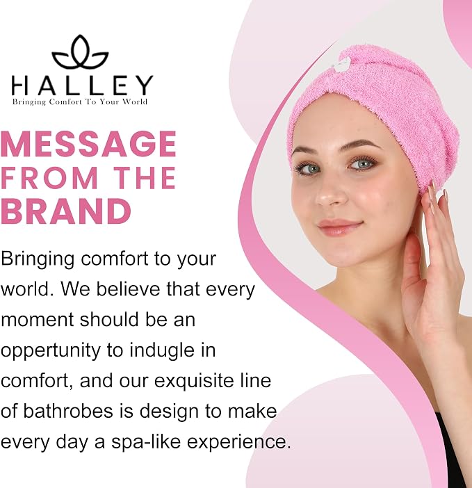 HALLEY Cotton Hair Towel Wrap (3 Packs) Super Absorbent Fast Drying Hair Towel for Thick Hair Turbans for Wet Hair with Button (Pink)