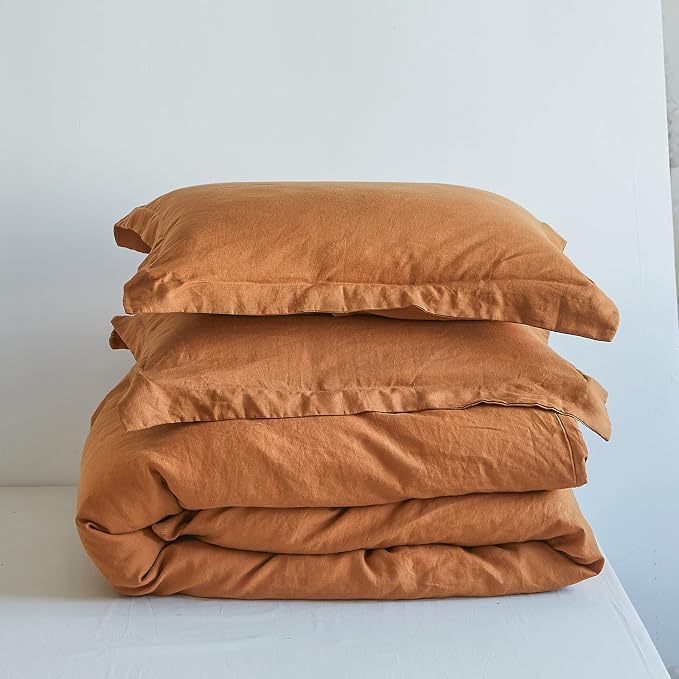 Simple&Opulence 100% Linen Duvet Cover Set 3pcs Basic Style Natural French Washed Flax Solid Color Soft Breathable Farmhouse Bedding with Button Closure - Rust, King