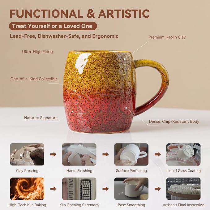 Handmade 22oz Ceramic Coffee Mug, Ergonomic Large Handle, Ideal Gift for Coffee Lovers, Microwave & Dishwasher Safe (Bas-Relief - Yellow&Red)