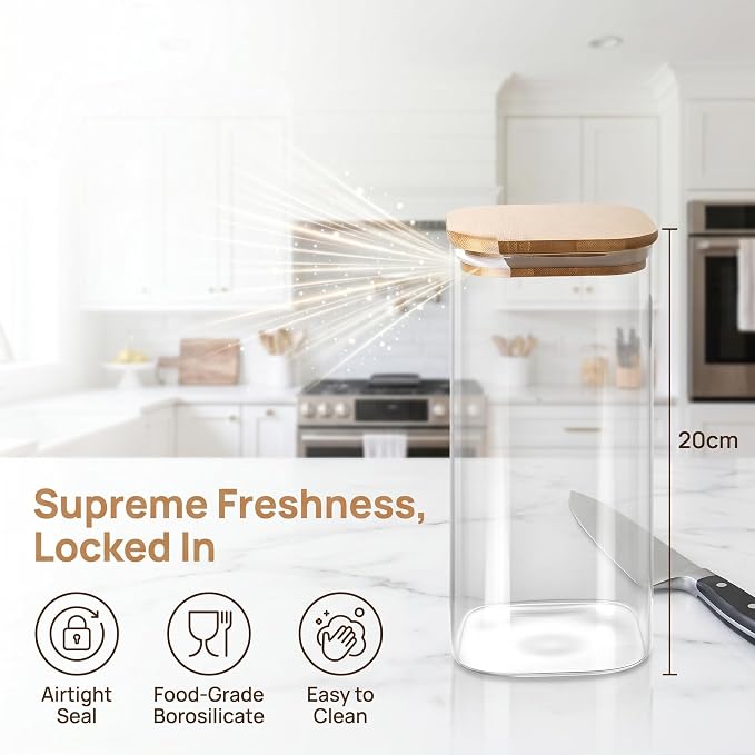 6pcs Large Glass Food Storage Containers with Bamboo Lids | 68 ounces (set of 3) and 32 ounces (set of 3) for storing overnight oats, coffee, spices, candies, flour, etc.,