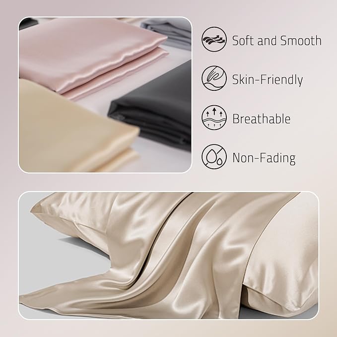 Gabire Mulberry Silk Pillowcases Set of 2, Both Sides Real Silk Pillow Covers for Hair and Skin Cool Pillowcase Organic Silk Pillowcase 2 Pack with Hidden Zipper, Champagne, King (20"×36")