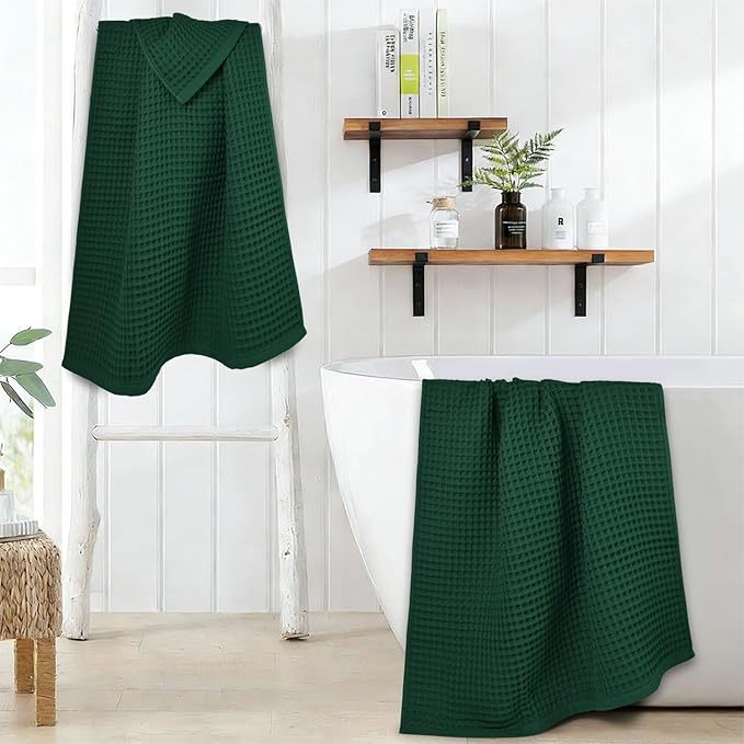 Jacquotha Waffle Bath Towels 2-Piece (Forest Green) - Cotton, Soft, Quick Dry, 31” x 62” Shower Towels for Bathroom Decor, Beach, Guest