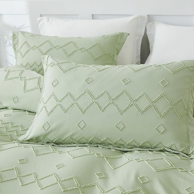 EMME Boho Duvet Cover Twin Size Sage Green - 2 Pieces Soft & Breathable Tufted Shabby Chic Embroidery Bedding for All Seasons, 1 Duvet Cover with 1 Pillow Shams & Zipper Closure (Sage Green, Twin)