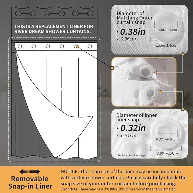 River Dream 2 Pack Snap in Shower Curtain Liner Replacements 70 x 54, White, with Magnets ，Removable Liner ，Plastic(PEVA)