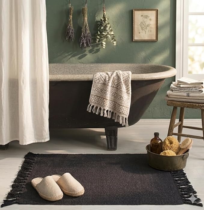 Seavish Black Kitchen Rug, 2x3 Cotton Hand Woven Recycled Throw Rug Runner Braided Entryway Floor Mat for Laundry Room Bathroom Bedroom Dorm