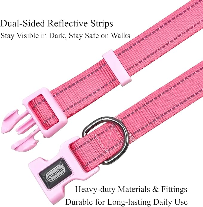 Dog Collar Leash Set, Durable Polyester with Safety Reflective Strips, 5 ft Matching Leash, Neoprene Padded Handle, Adjustable 4 Sizes for Small Medium Large Dogs.(L, Pink)