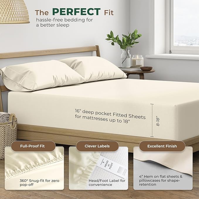 THREAD SPREAD 100% Organic Cotton Sheets Full Size - 4 PC Organic Cotton Full Percale Size Weave Sheet Set, Soft, Cooling, Crisp & Breathable, 16" Deep Pocket Hotel Quality Bedding Set - Ivory