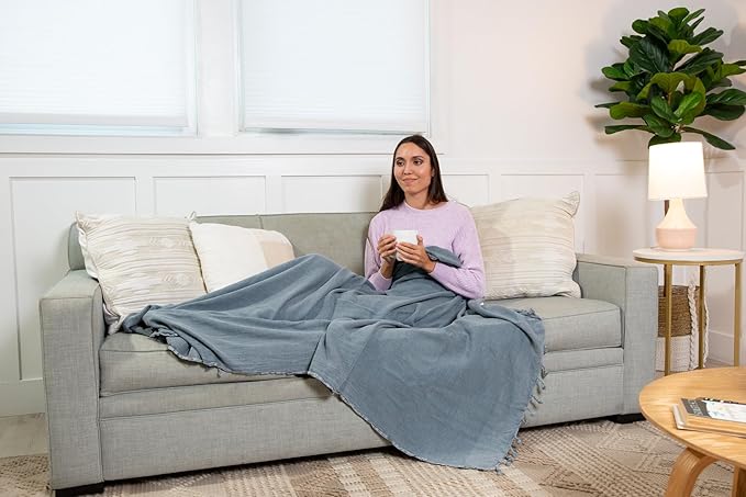 InfuseZen Stonewashed Turkish Throw Blanket - 100% Organic Turkish Cotton - 80" x 48" - Soft, Lightweight, Cozy - for Love Seat, Sofa, Picnic, Yoga - Sand Free Absorbent Beach Blanket - Denim
