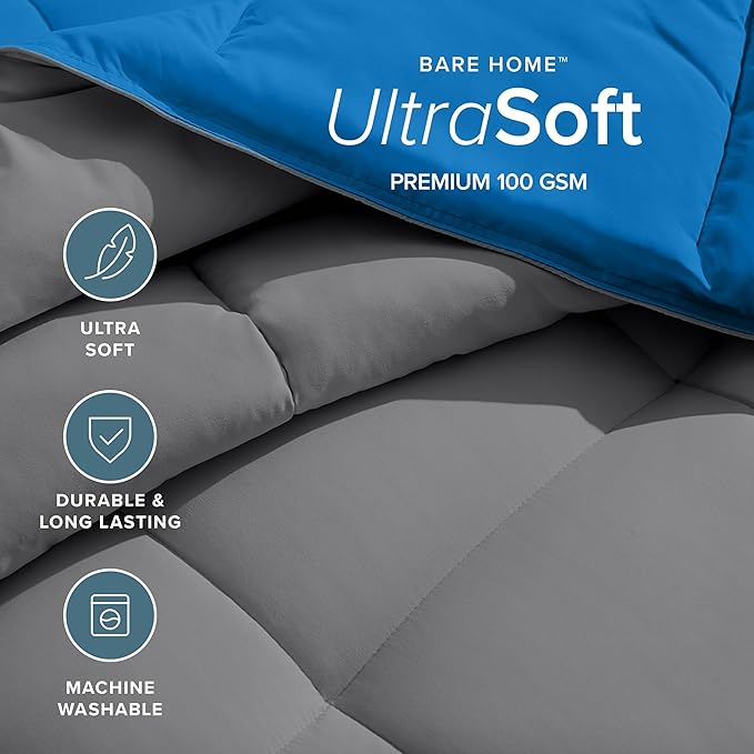 Bare Home King/California King Comforter - Reversible Colors - Goose Down Alternative - Ultra-Soft - Premium 1800 Series - All Season Warmth - Bedding Comforter (King/Cal King, Grey/Medium Blue)