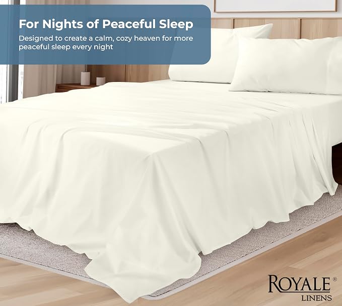 ROYALE LINENS 100% Organic Cotton Full Sheet Set - Percale Weave - 4 Pieces Set - 1 Flat, 1 Deep Pocket Fitted Sheet and 2 Pillowcases - Ivory Bed Sheets - Sábanas Full - Crisp Cool (Ivory)