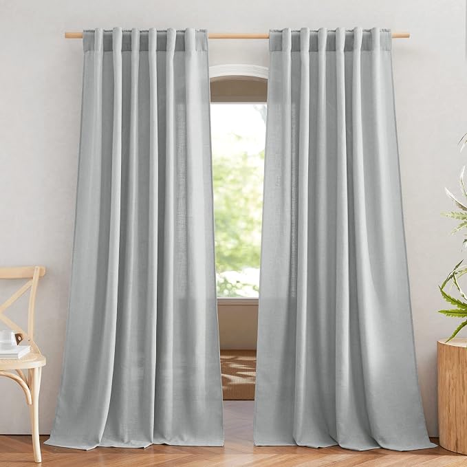 NICETOWN Linen Light Gray Curtains for Kids Room, Rod Pocket & Back Tab Top Flax Linen Weave Semi Sheer Window Treatments Privacy with Light Filtering for Living Room, W52 x L90, 2 Pieces