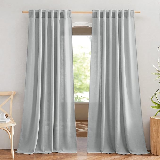NICETOWN Light Gray Linen Sheer Curtains 108 inches Long, Rod Pocket & Back Tab Flax Linen Weave Semi Sheer Window Treatments Privacy with Light Filtering Drapes for Bedroom, W52 x L108