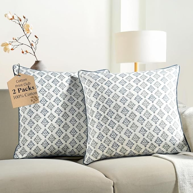 CPC Botanical Trellis Blue Block Print Throw Cushion Cover 18 x 18 Inch Set 2 - Decorative Boho Floral Pillow Case for Living Room, Bed, Sofa, Couch, Home Decor Cushion for Spring, Mother's Day